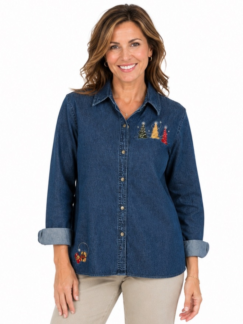Vintage 90โs Embroidered Christmas Denim Shirt 100% Cotton Trees Gifts Size XL